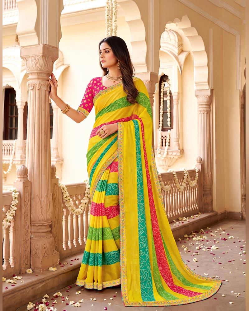 Vishal Prints Golden Yellow Designer Patterned Chiffon Saree With Fancy Embroidery Border