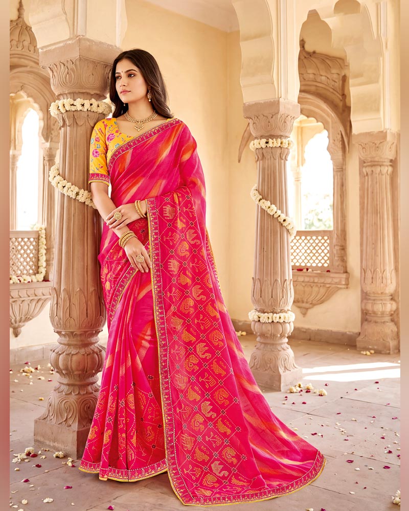 Vishal Prints Pinkish Red Designer Patterned Chiffon Saree With Foil Print And Fancy Embroidery Border
