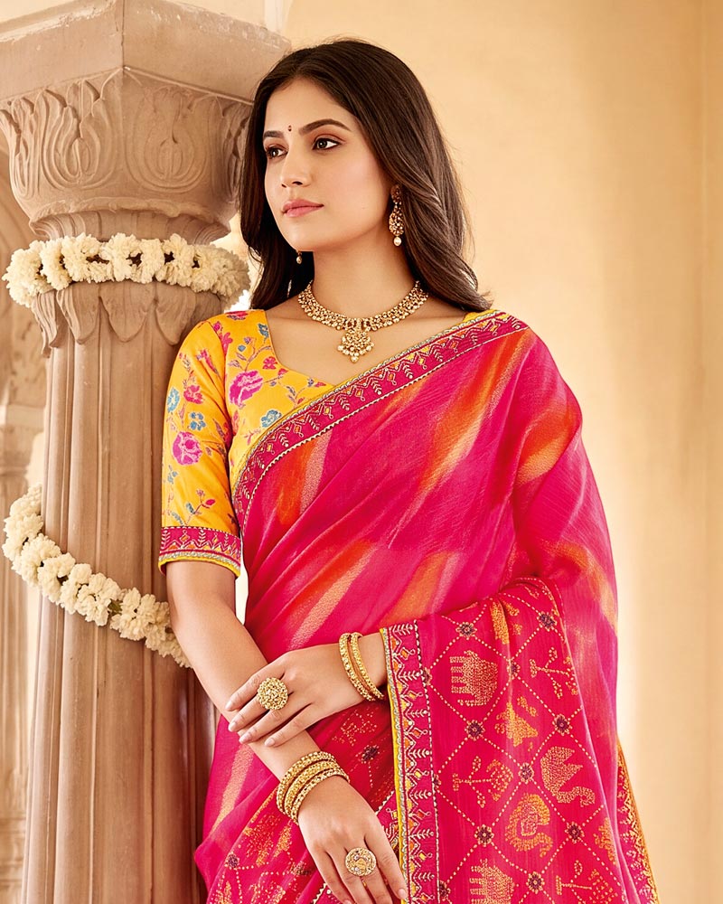 Vishal Prints Pinkish Red Designer Patterned Chiffon Saree With Foil Print And Fancy Embroidery Border