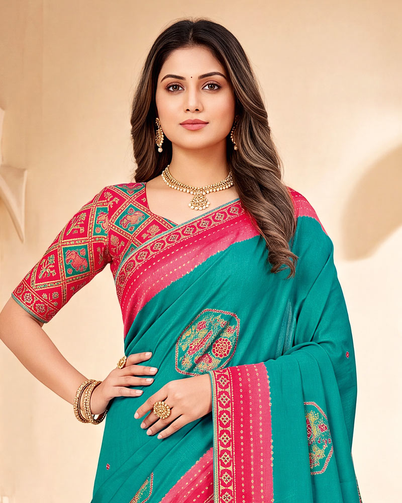 Vishal Prints Persian Green Designer Patterned Chiffon Saree With Mirror Work-Foil Print And Fancy Embroidery Border