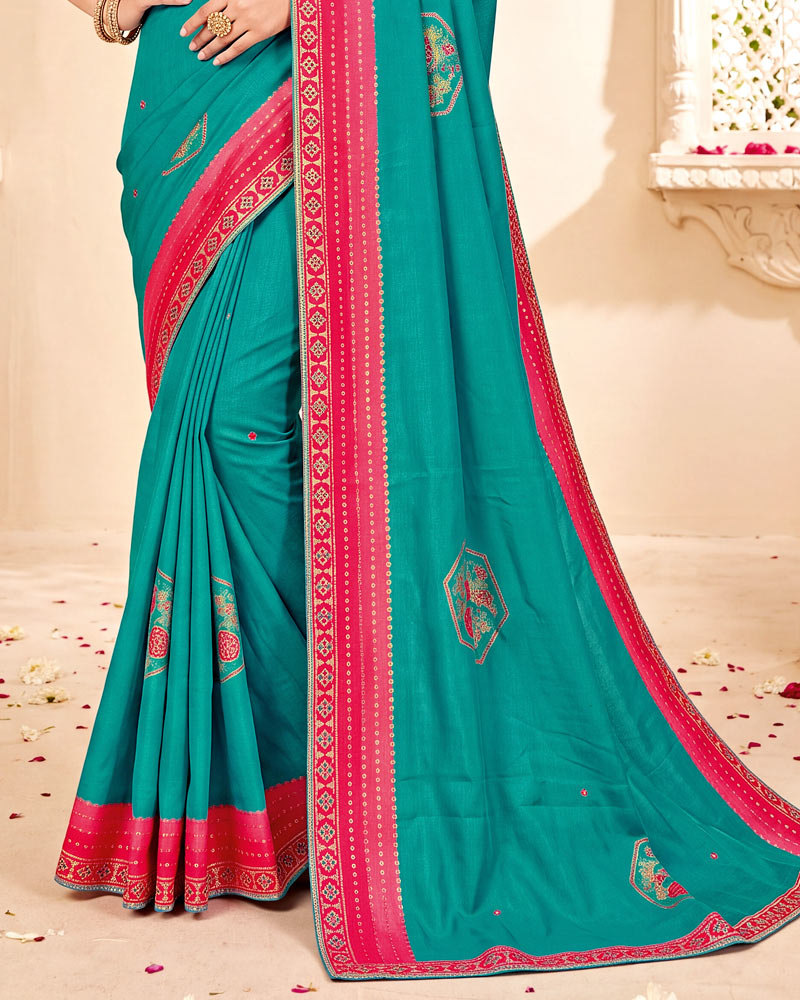 Vishal Prints Persian Green Designer Patterned Chiffon Saree With Mirror Work-Foil Print And Fancy Embroidery Border