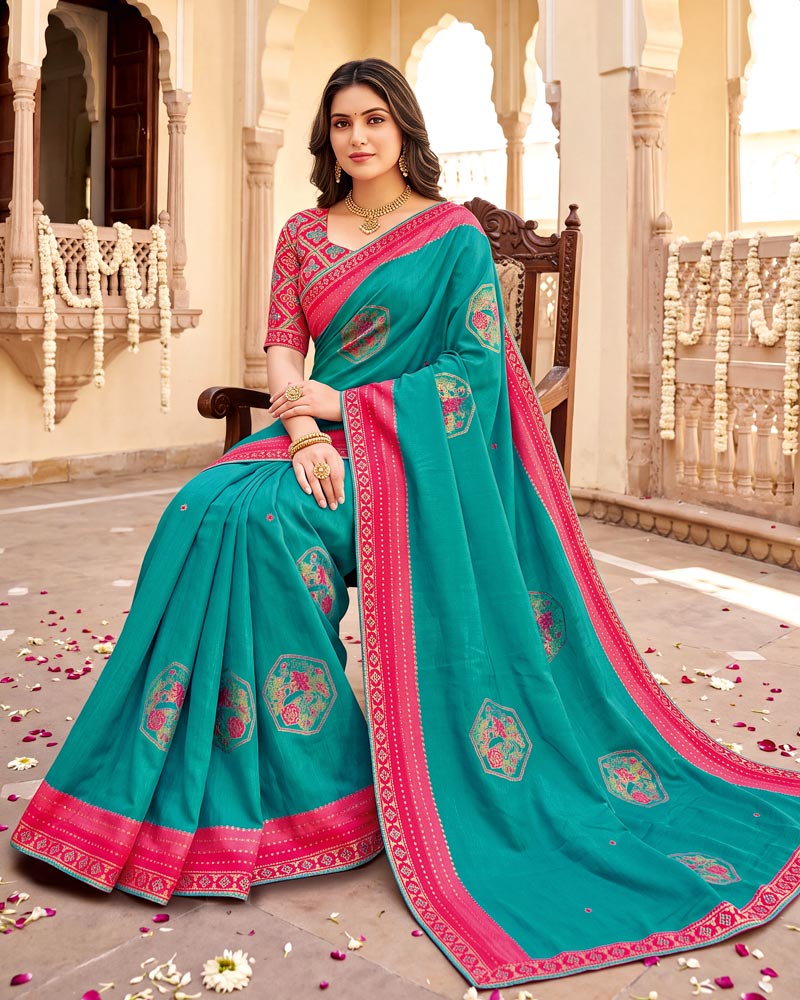 Vishal Prints Persian Green Designer Patterned Chiffon Saree With Mirror Work-Foil Print And Fancy Embroidery Border