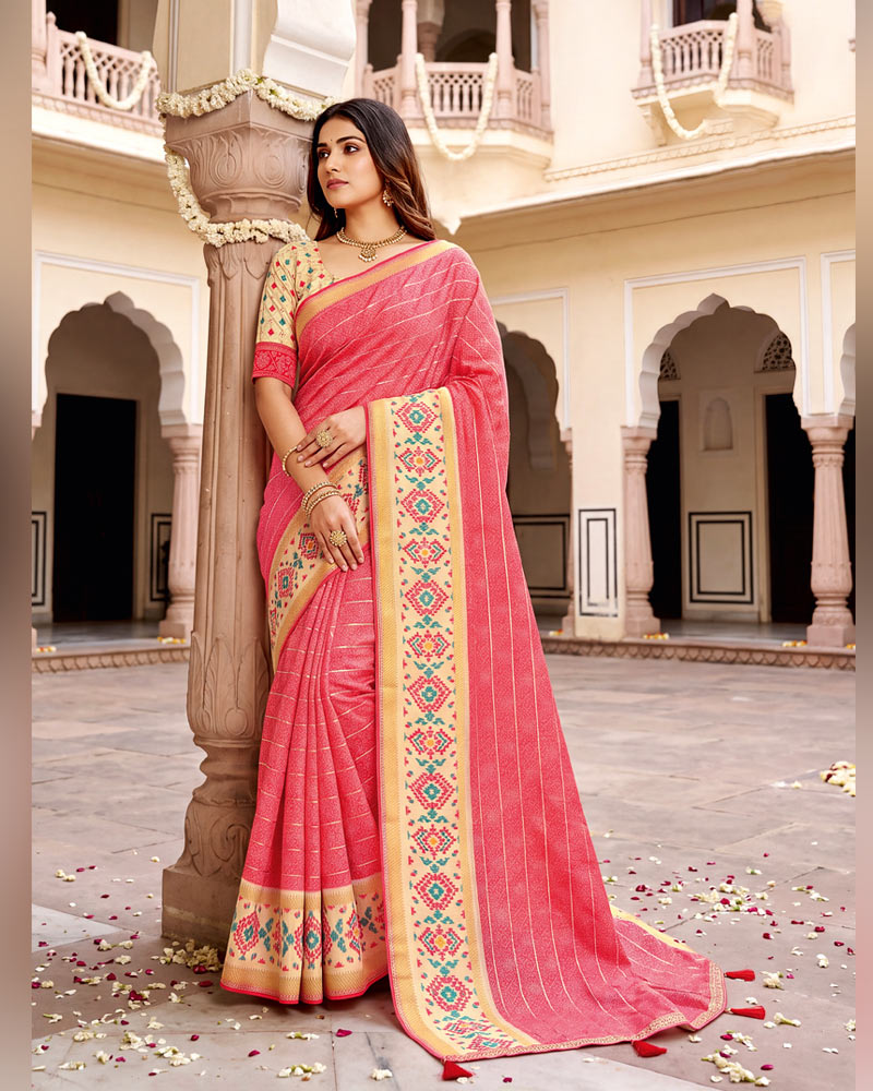 Vishal Prints Watermelon Pink Designer Patterned Chiffon Saree With Zari Weaving And Tassel