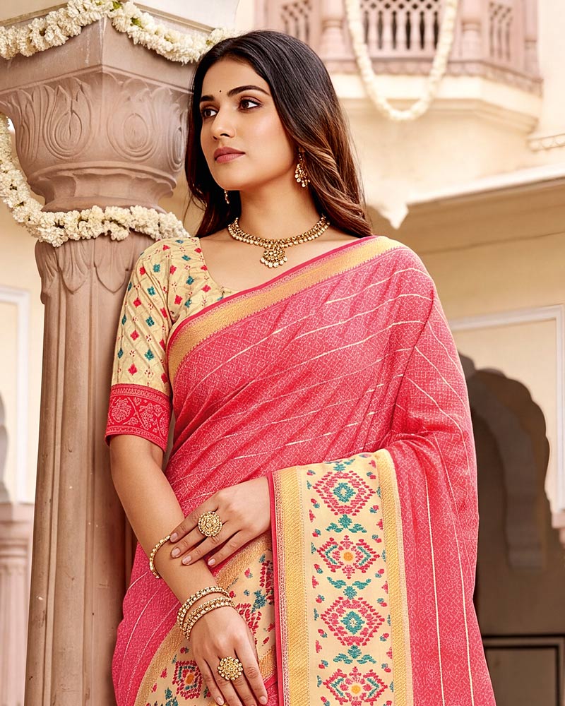 Vishal Prints Watermelon Pink Designer Patterned Chiffon Saree With Zari Weaving And Tassel