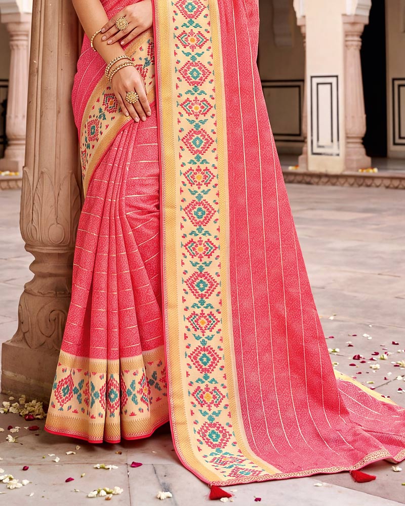 Vishal Prints Watermelon Pink Designer Patterned Chiffon Saree With Zari Weaving And Tassel
