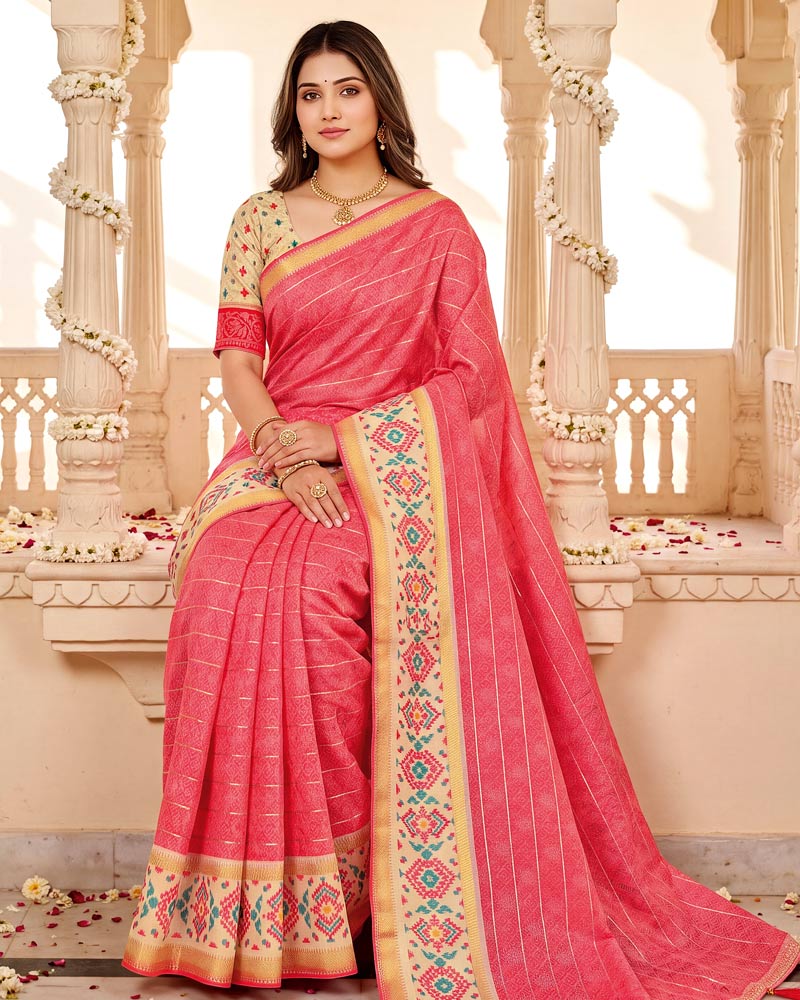 Vishal Prints Watermelon Pink Designer Patterned Chiffon Saree With Zari Weaving And Tassel