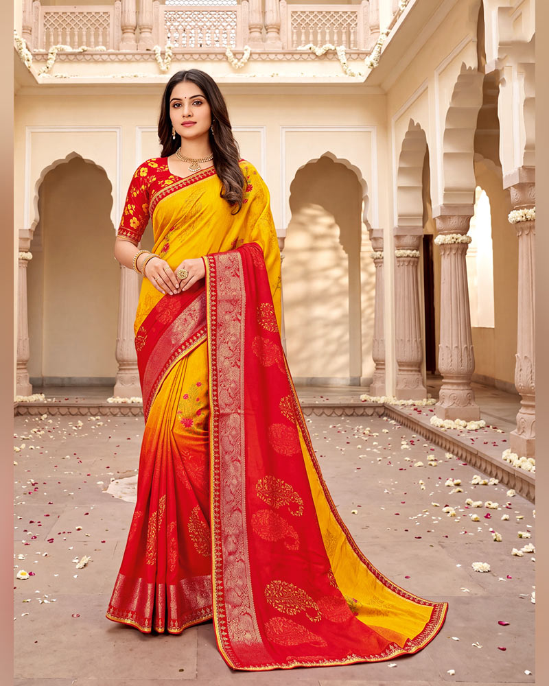 Vishal Prints Lava Red And Golden Yellow Designer Patterned Chiffon Saree With Zari Weaving And Fancy Embroidery Border