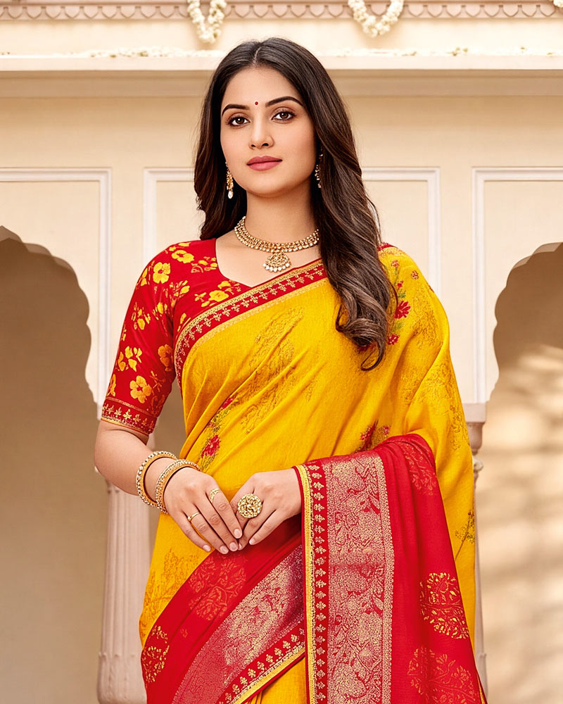 Vishal Prints Lava Red And Golden Yellow Designer Patterned Chiffon Saree With Zari Weaving And Fancy Embroidery Border