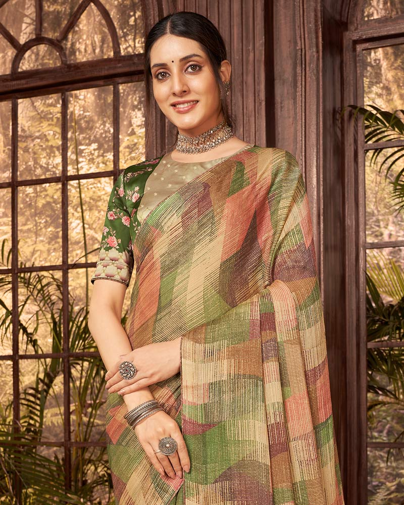 Vishal Prints Fawn Fancy Chiffon Digital Print Saree With Core Piping