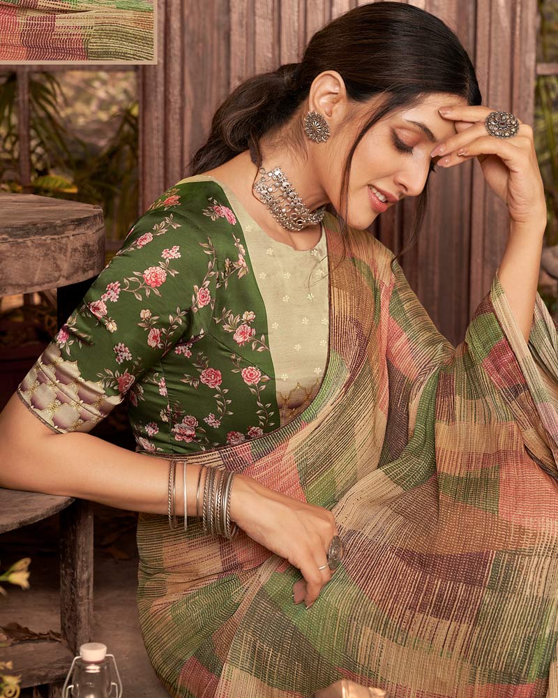 Vishal Prints Fawn Fancy Chiffon Digital Print Saree With Core Piping
