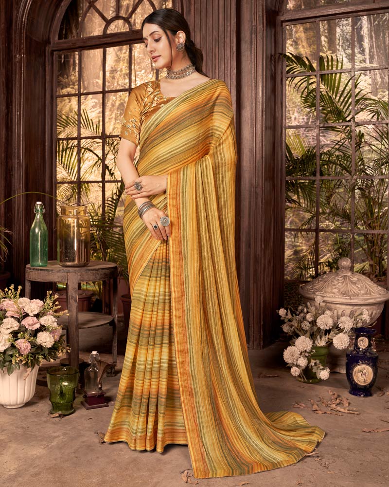 Vishal Prints Light Mustard Fancy Chiffon Digital Print Saree With Core Piping