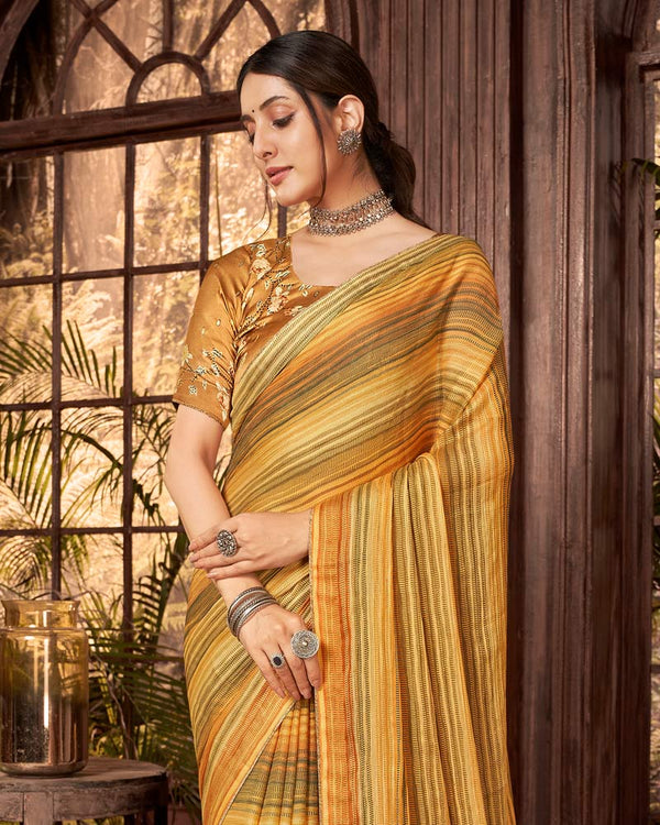 Vishal Prints Light Mustard Fancy Chiffon Digital Print Saree With Core Piping