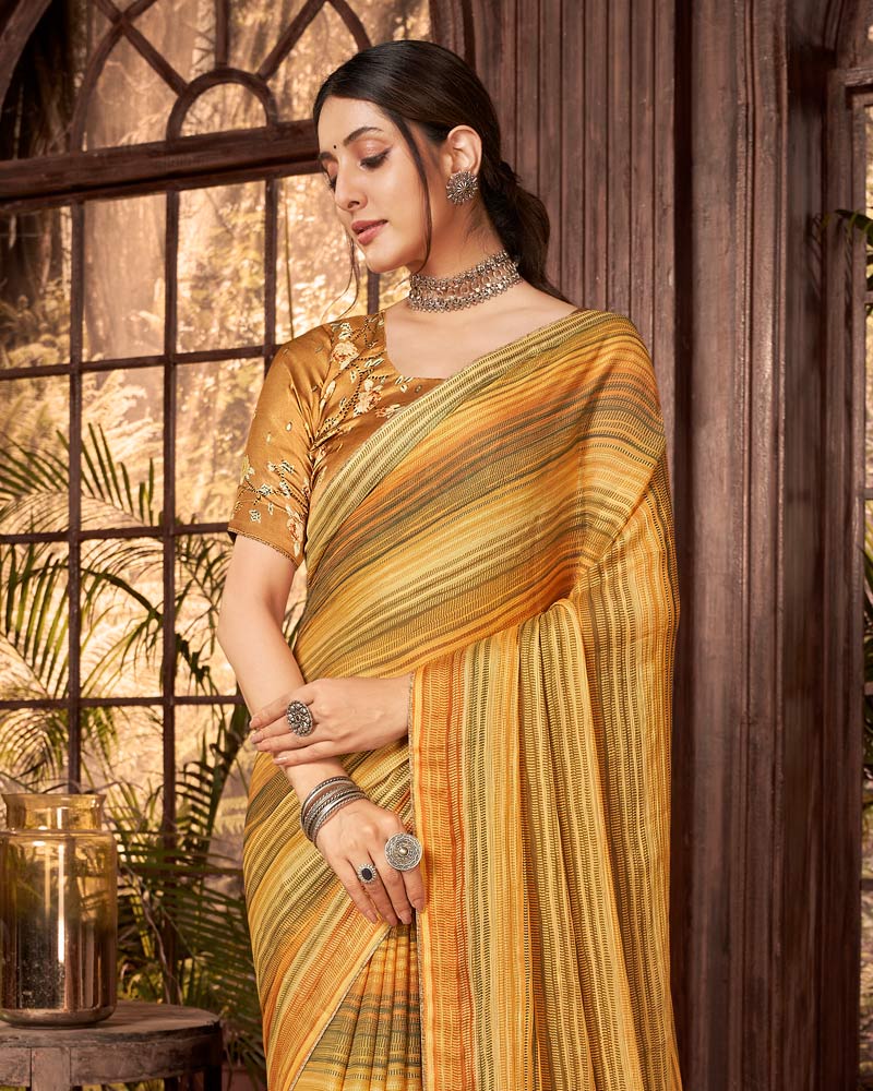 Vishal Prints Light Mustard Fancy Chiffon Digital Print Saree With Core Piping