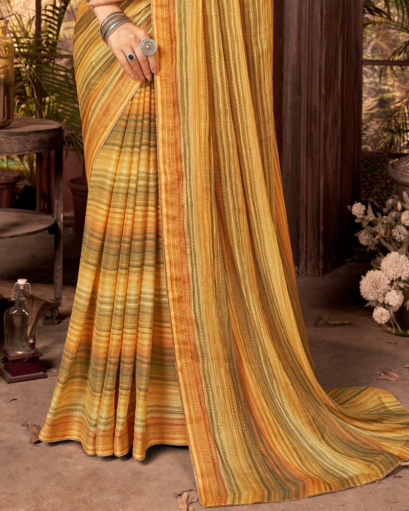 Vishal Prints Light Mustard Fancy Chiffon Digital Print Saree With Core Piping