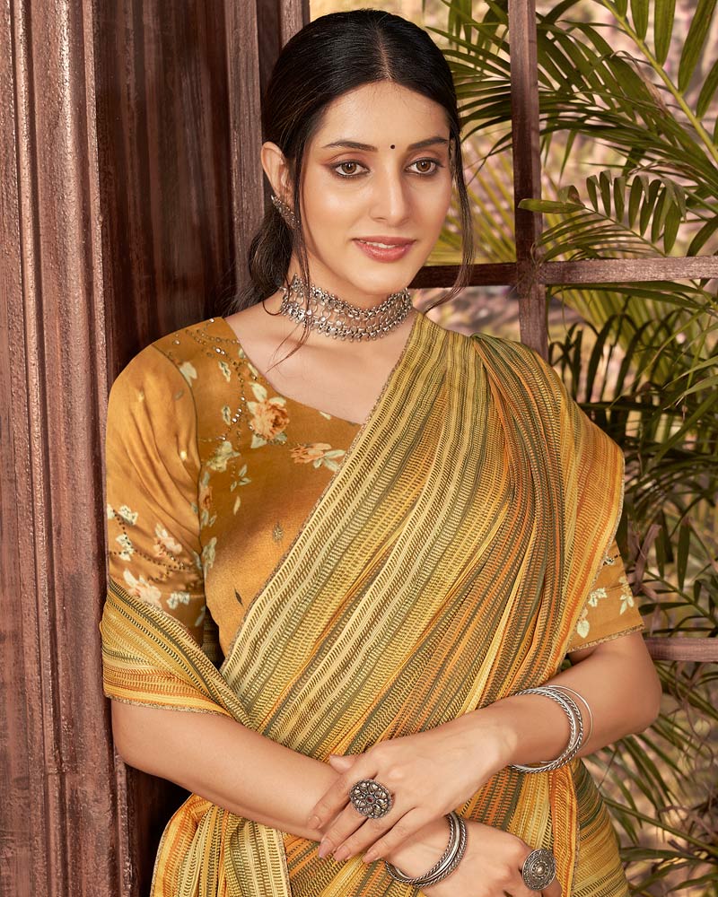 Vishal Prints Light Mustard Fancy Chiffon Digital Print Saree With Core Piping