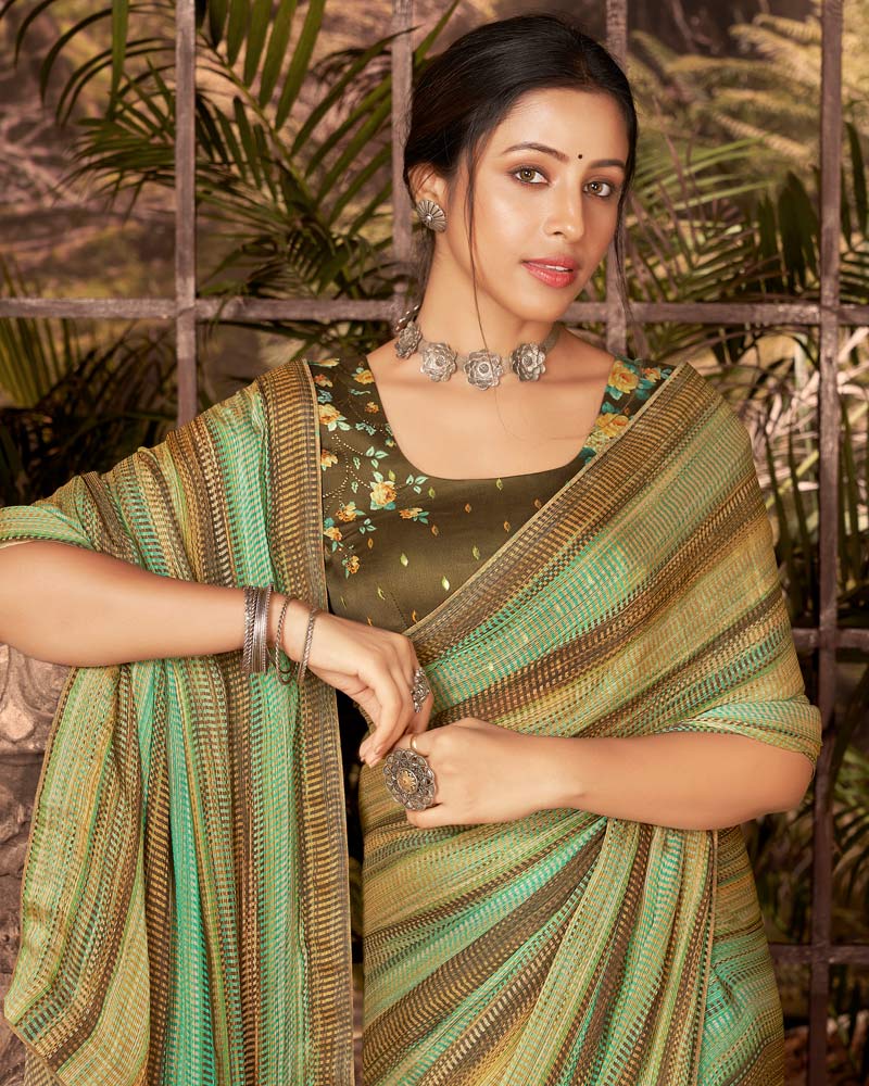 Vishal Prints Dark Mint Green Fancy Chiffon Digital Print Saree With Core Piping