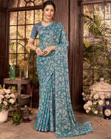 Vishal Prints Pastel Blue Fancy Chiffon Digital Print Saree With Core Piping