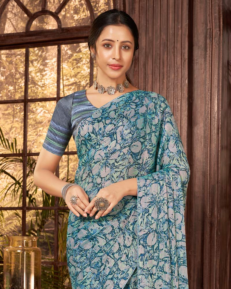 Vishal Prints Pastel Blue Fancy Chiffon Digital Print Saree With Core Piping