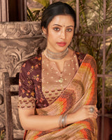 Vishal Prints Dark Peach Fancy Chiffon Digital Print Saree With Core Piping