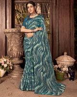 Vishal Prints Peacock Blue Fancy Chiffon Digital Print Saree With Core Piping