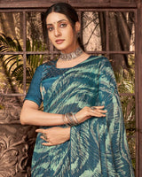 Vishal Prints Peacock Blue Fancy Chiffon Digital Print Saree With Core Piping