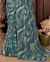 Vishal Prints Peacock Blue Fancy Chiffon Digital Print Saree With Core Piping
