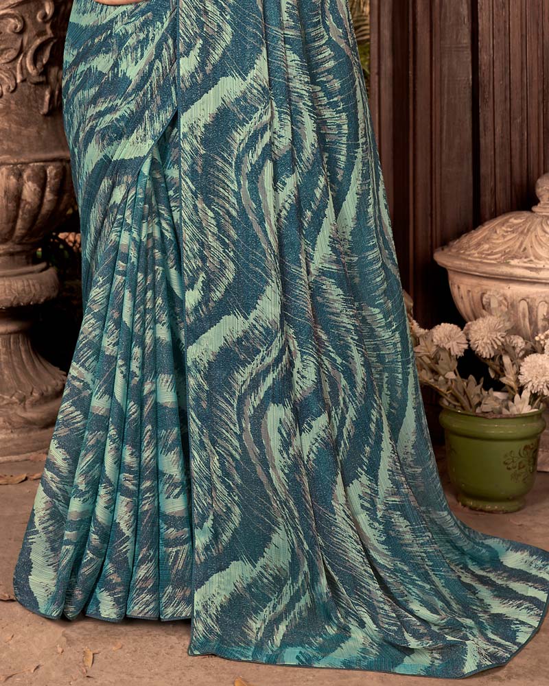 Vishal Prints Peacock Blue Fancy Chiffon Digital Print Saree With Core Piping