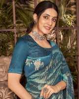 Vishal Prints Peacock Blue Fancy Chiffon Digital Print Saree With Core Piping