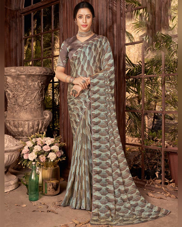 Vishal Prints Pastel Teal Green Fancy Chiffon Digital Print Saree With Core Piping