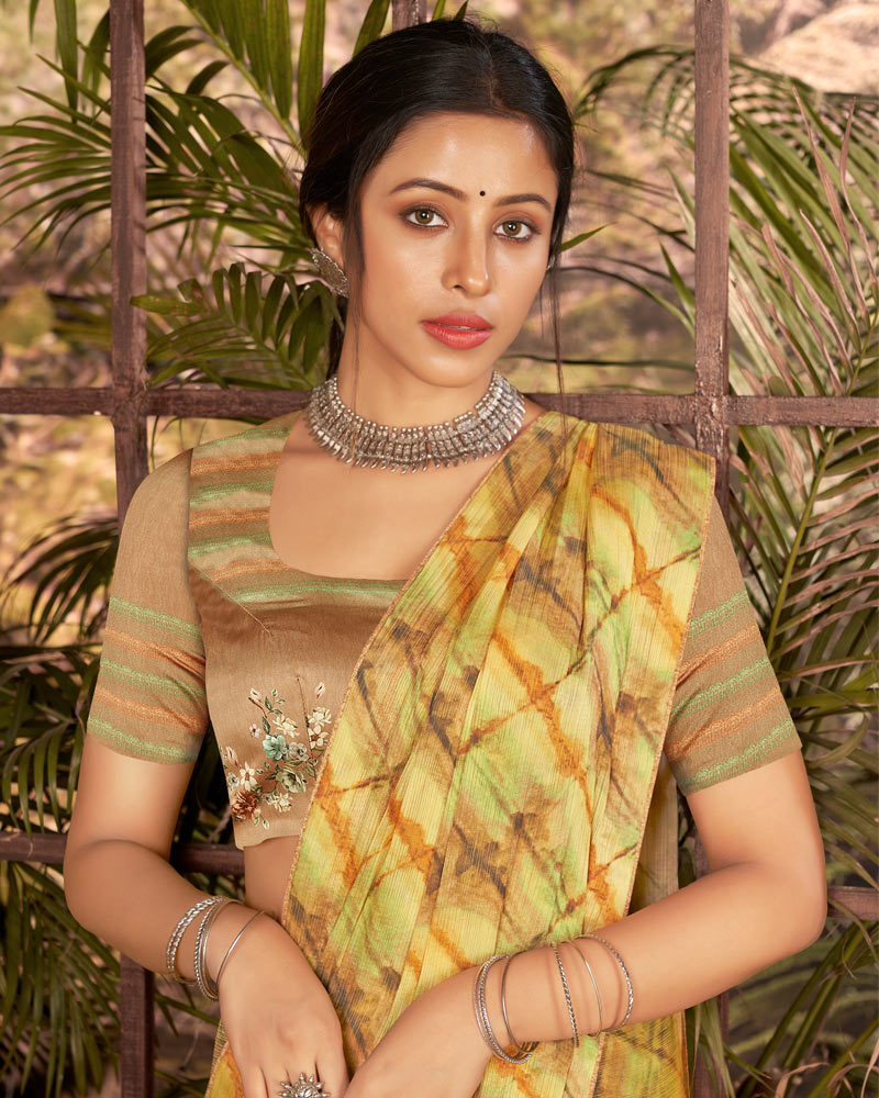 Vishal Prints Pastel Yellow Fancy Chiffon Digital Print Saree With Core Piping