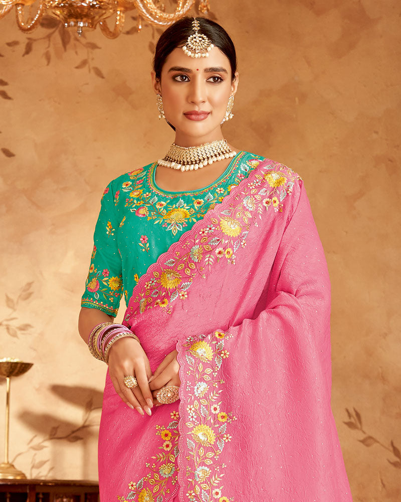 Vishal Prints Rose Pink Designer Crushed Tissue Saree With Embroidery-Diamond Work And Cut Work Border