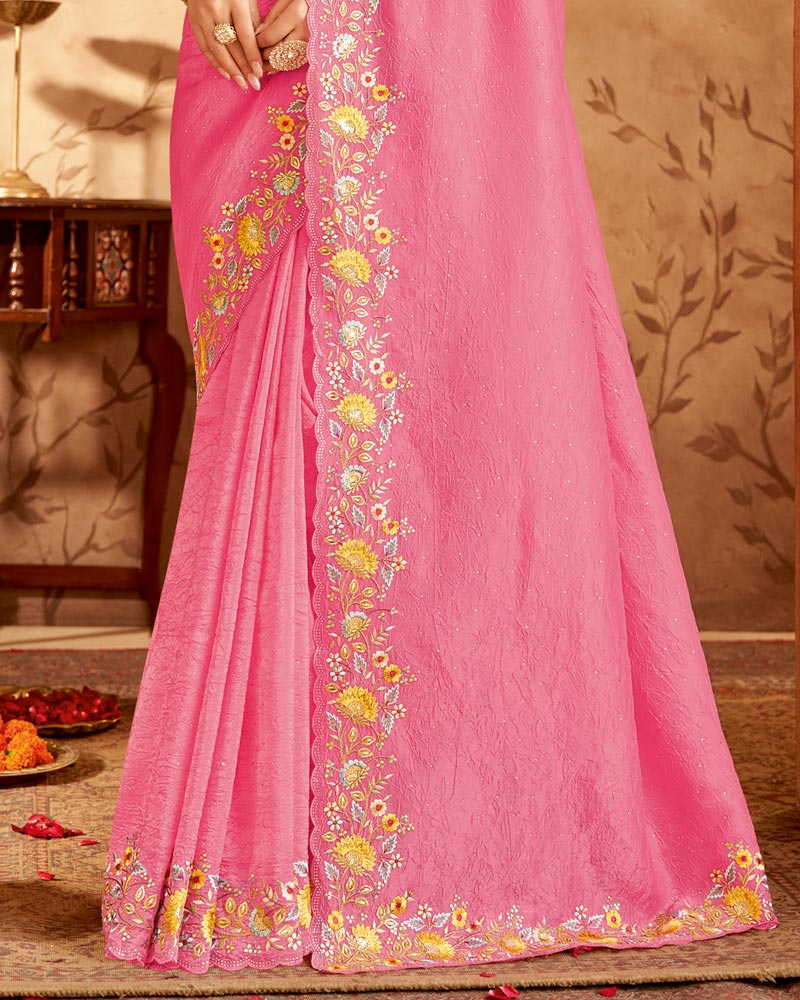Vishal Prints Rose Pink Designer Crushed Tissue Saree With Embroidery-Diamond Work And Cut Work Border