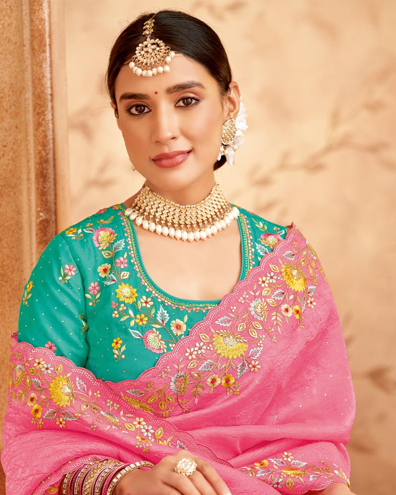 Vishal Prints Rose Pink Designer Crushed Tissue Saree With Embroidery-Diamond Work And Cut Work Border