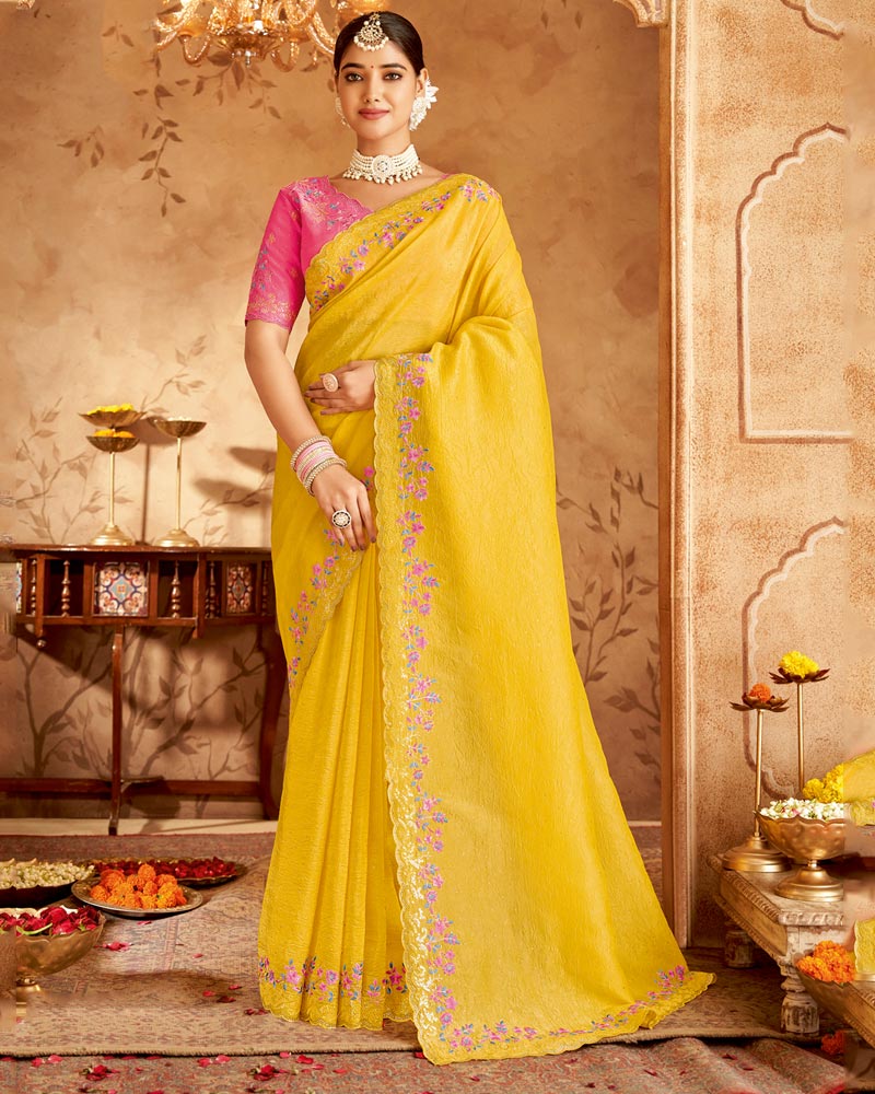 Vishal Prints Golden Yellow Designer Crushed Tissue Saree With Embroidery-Diamond Work And Cut Work Border