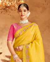 Vishal Prints Golden Yellow Designer Crushed Tissue Saree With Embroidery-Diamond Work And Cut Work Border