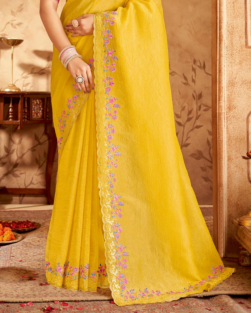 Vishal Prints Golden Yellow Designer Crushed Tissue Saree With Embroidery-Diamond Work And Cut Work Border