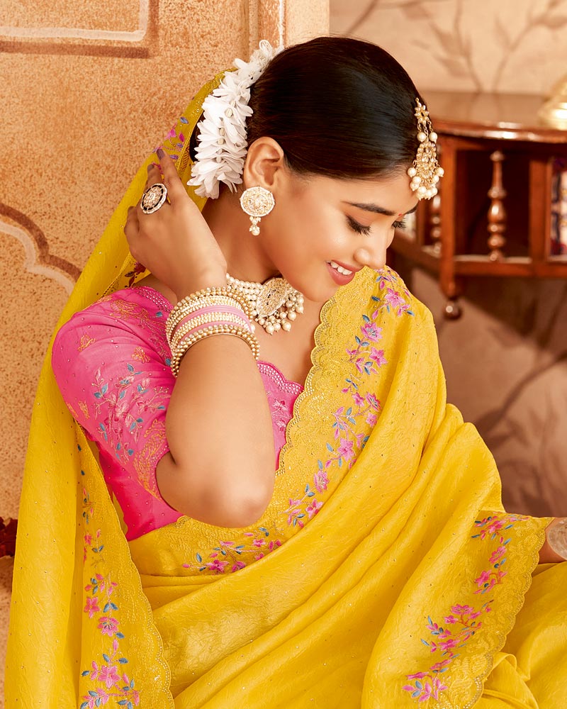 Vishal Prints Golden Yellow Designer Crushed Tissue Saree With Embroidery-Diamond Work And Cut Work Border
