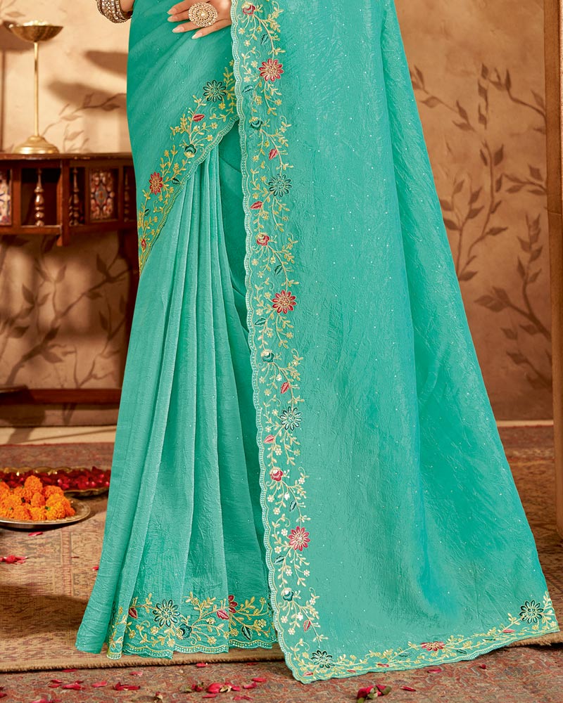 Vishal Prints Glacier Green Designer Crushed Tissue Saree With Embroidery-Diamond Work And Cut Work Border