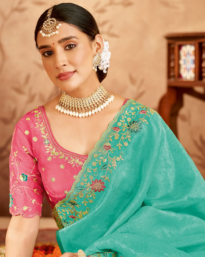 Vishal Prints Glacier Green Designer Crushed Tissue Saree With Embroidery-Diamond Work And Cut Work Border