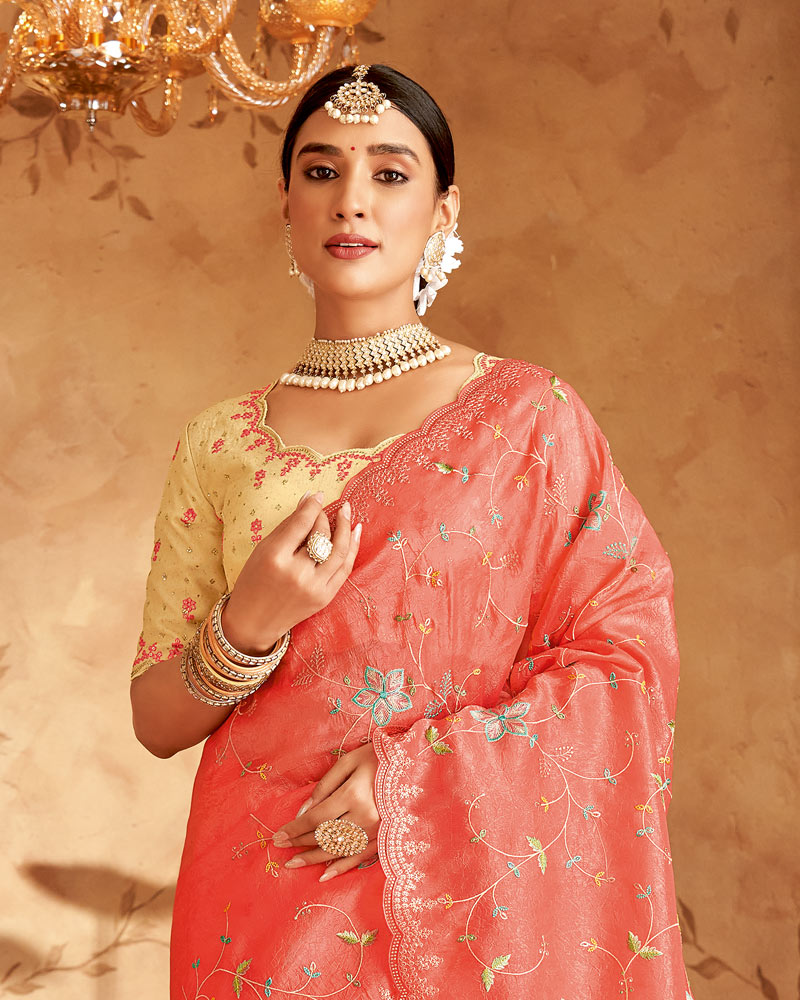 Vishal Prints Peachy Pink Designer Crushed Tissue Saree With Embroidery-Diamond Work And Cut Work Border