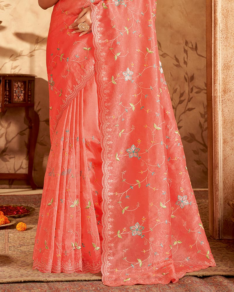 Vishal Prints Peachy Pink Designer Crushed Tissue Saree With Embroidery-Diamond Work And Cut Work Border