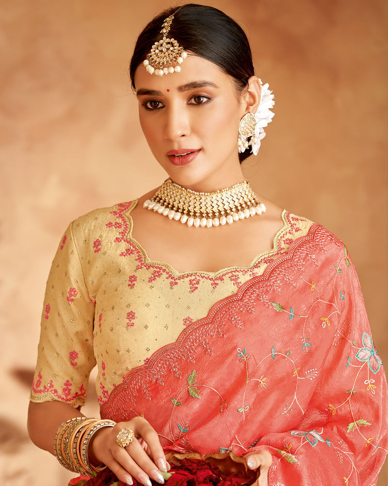 Vishal Prints Peachy Pink Designer Crushed Tissue Saree With Embroidery-Diamond Work And Cut Work Border