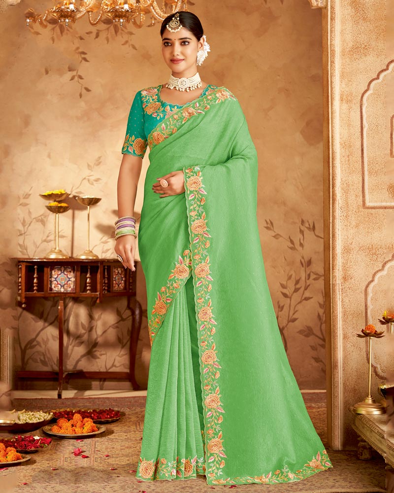 Vishal Prints Light Moss Green Designer Crushed Tissue Saree With Embroidery-Diamond Work And Cut Work Border