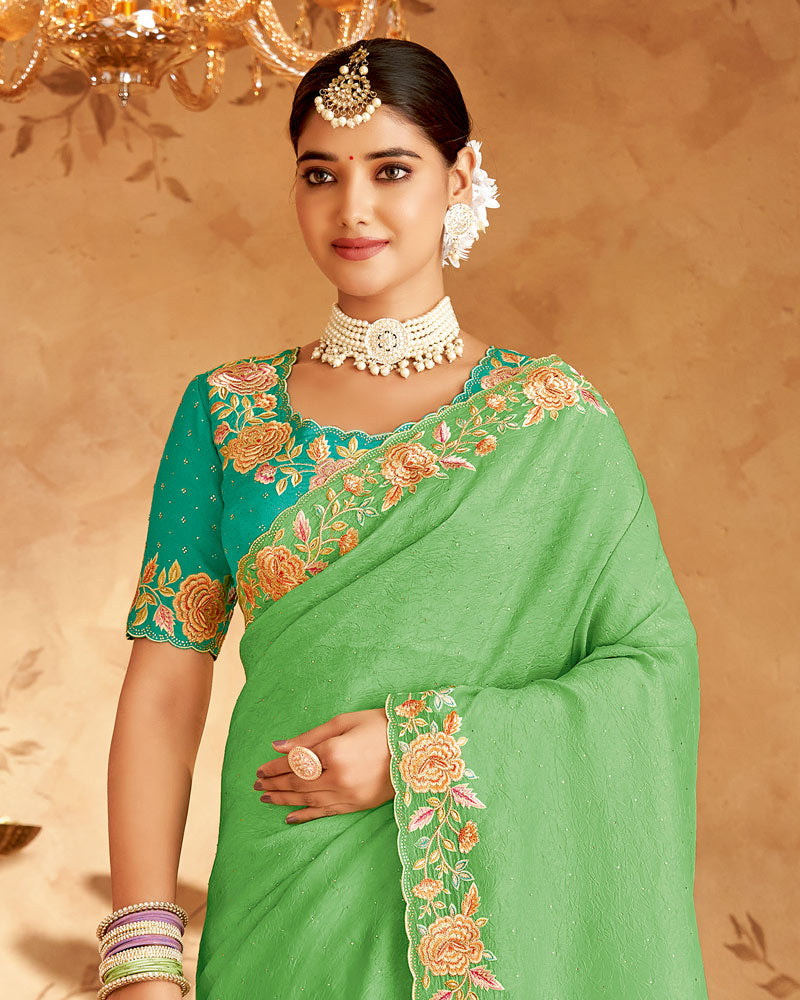 Vishal Prints Light Moss Green Designer Crushed Tissue Saree With Embroidery-Diamond Work And Cut Work Border