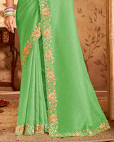 Vishal Prints Light Moss Green Designer Crushed Tissue Saree With Embroidery-Diamond Work And Cut Work Border
