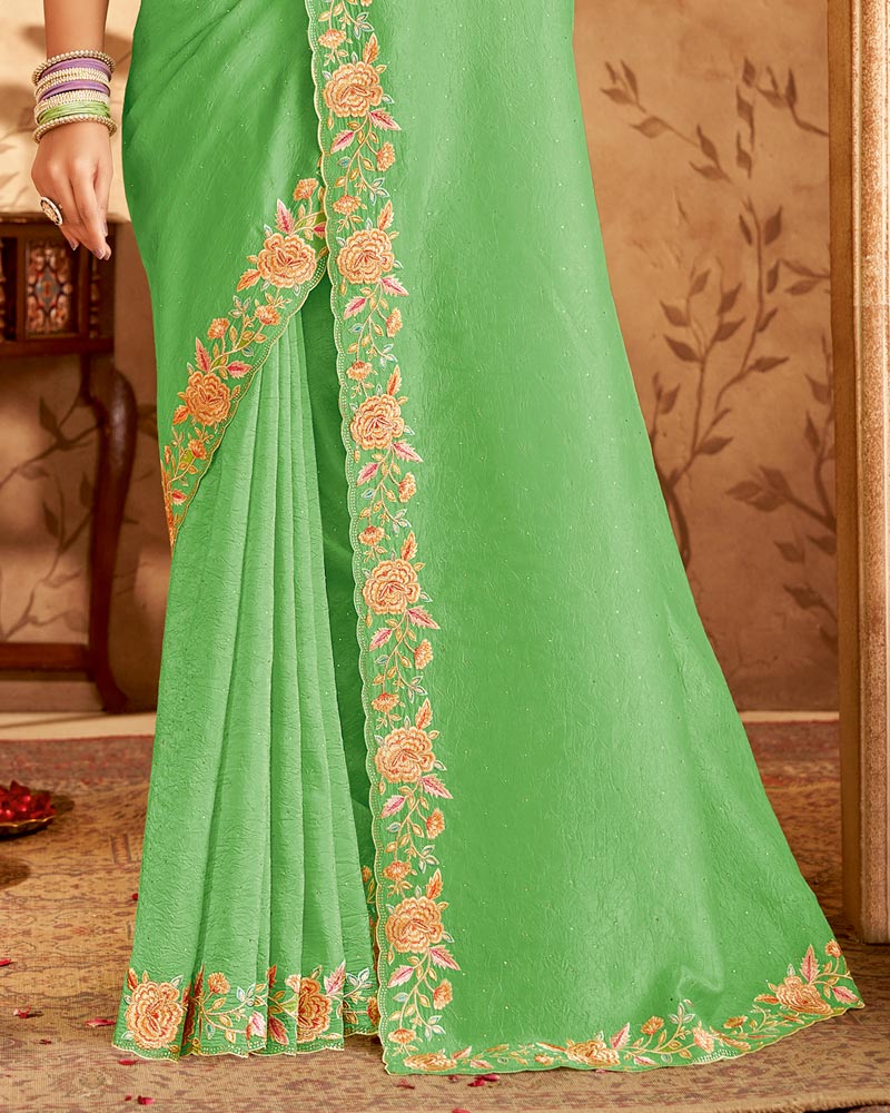 Vishal Prints Light Moss Green Designer Crushed Tissue Saree With Embroidery-Diamond Work And Cut Work Border