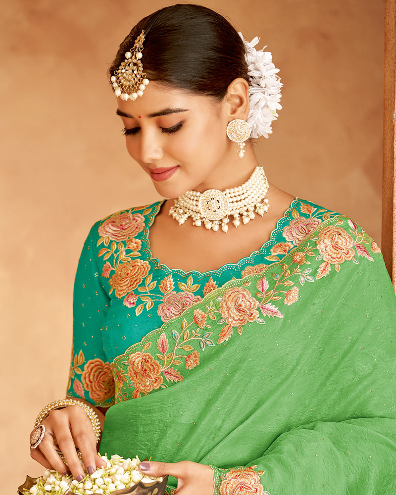 Vishal Prints Light Moss Green Designer Crushed Tissue Saree With Embroidery-Diamond Work And Cut Work Border