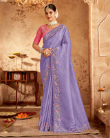 Vishal Prints Pastel Purple Designer Crushed Tissue Saree With Embroidery-Diamond Work And Cut Work Border