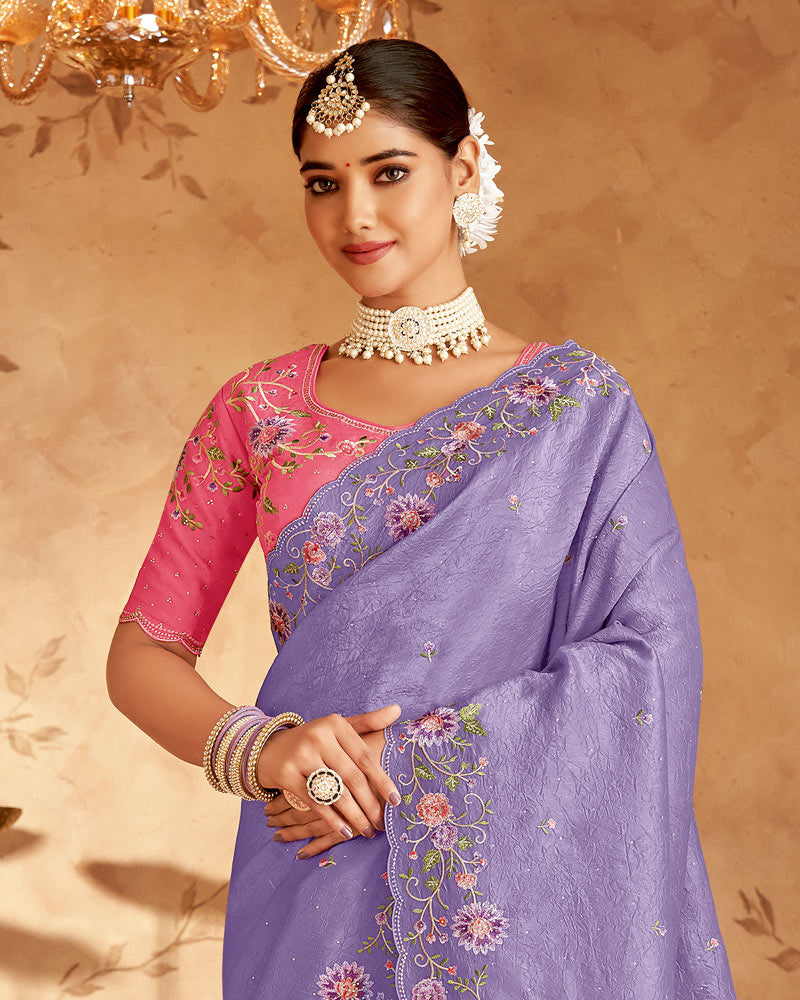 Vishal Prints Pastel Purple Designer Crushed Tissue Saree With Embroidery-Diamond Work And Cut Work Border