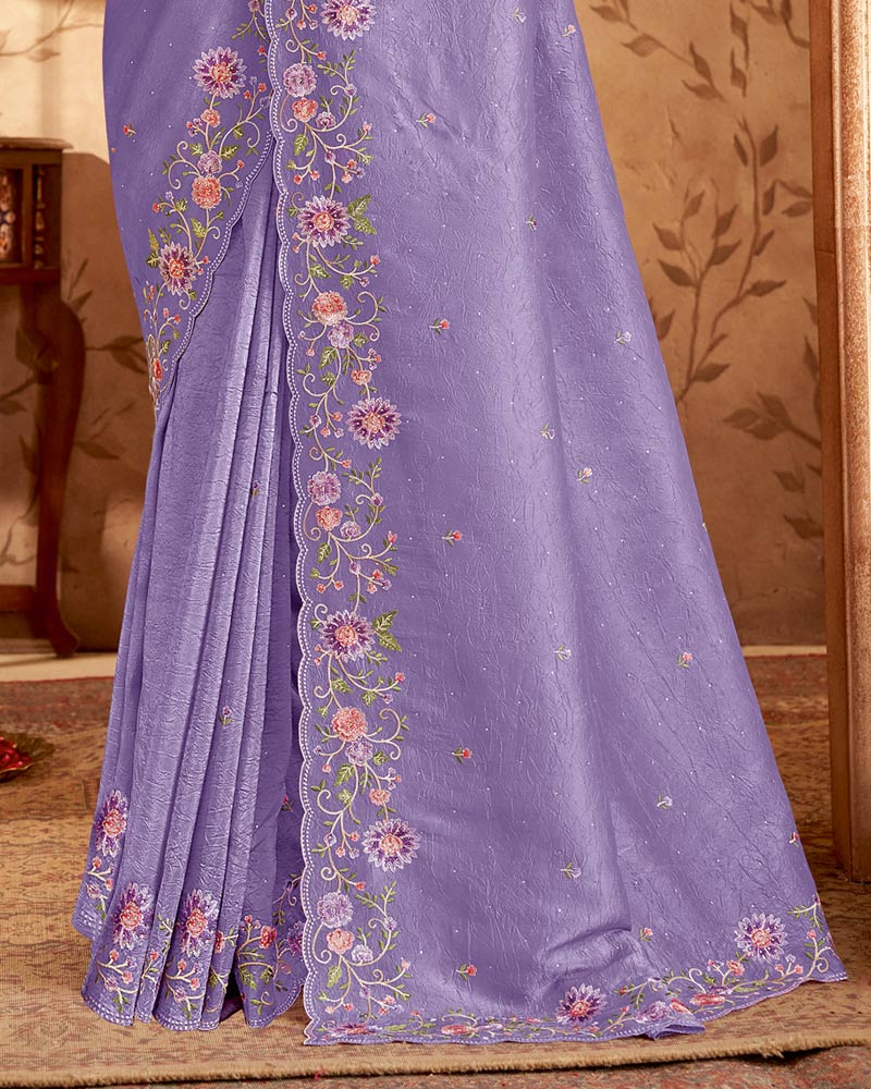 Vishal Prints Pastel Purple Designer Crushed Tissue Saree With Embroidery-Diamond Work And Cut Work Border